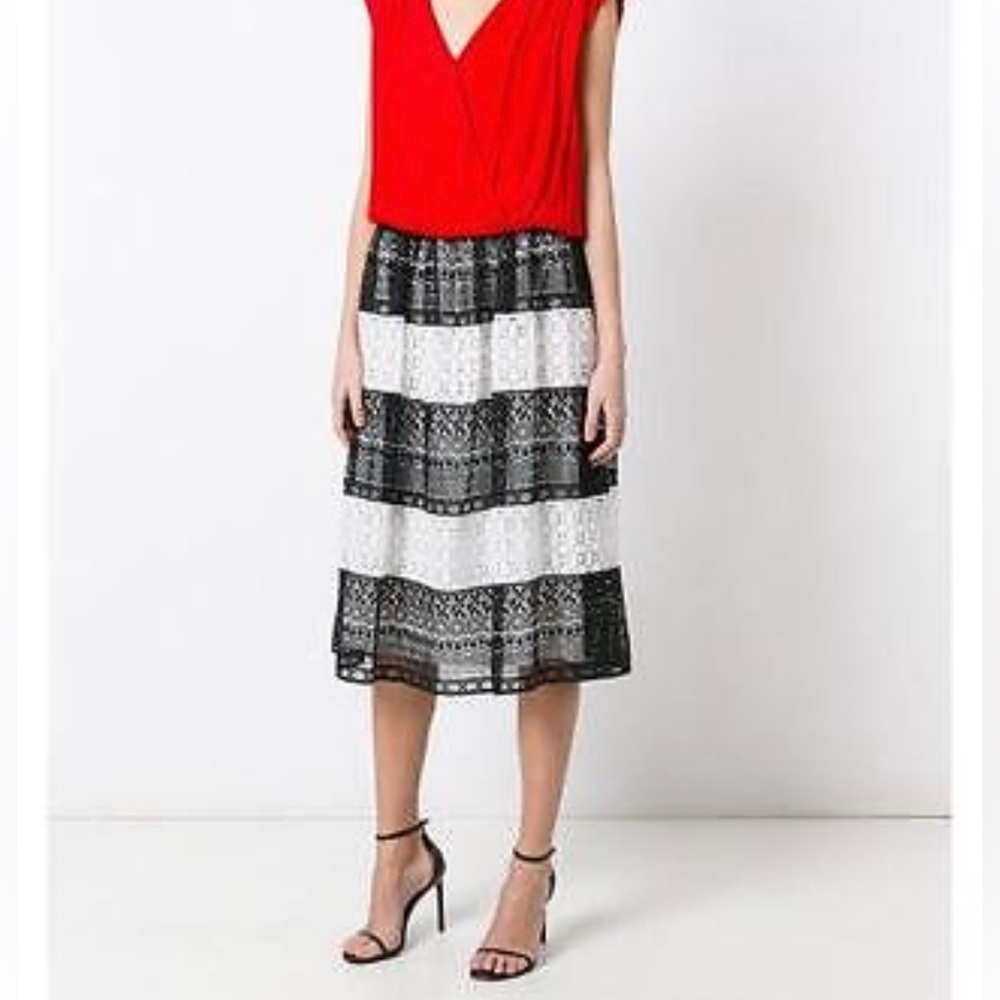 Alice and Olivia black and white stripe lace midi skirt